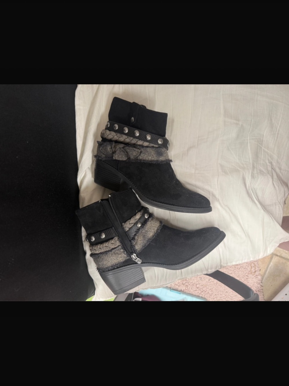 Blowfish Black Suede Studded Ankle Boots with Tweed Wrap - Picture 2 of 5